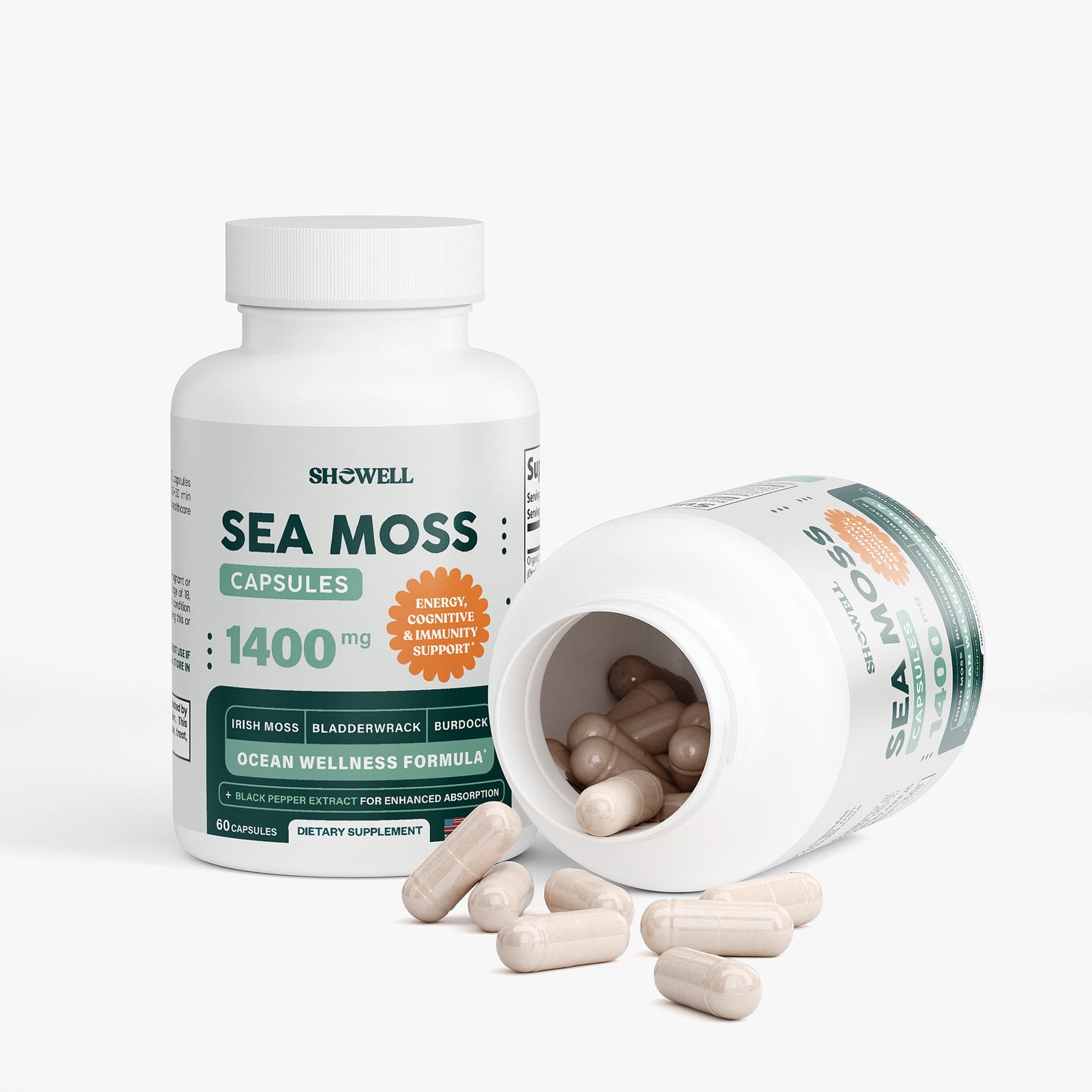 SheWell Organic Sea Moss Capsules 1400mg - Irish Moss + Bladderwrack + Burdock Root Complex for Glowing Skin & Immune Support* - 60 Vegan Capsules