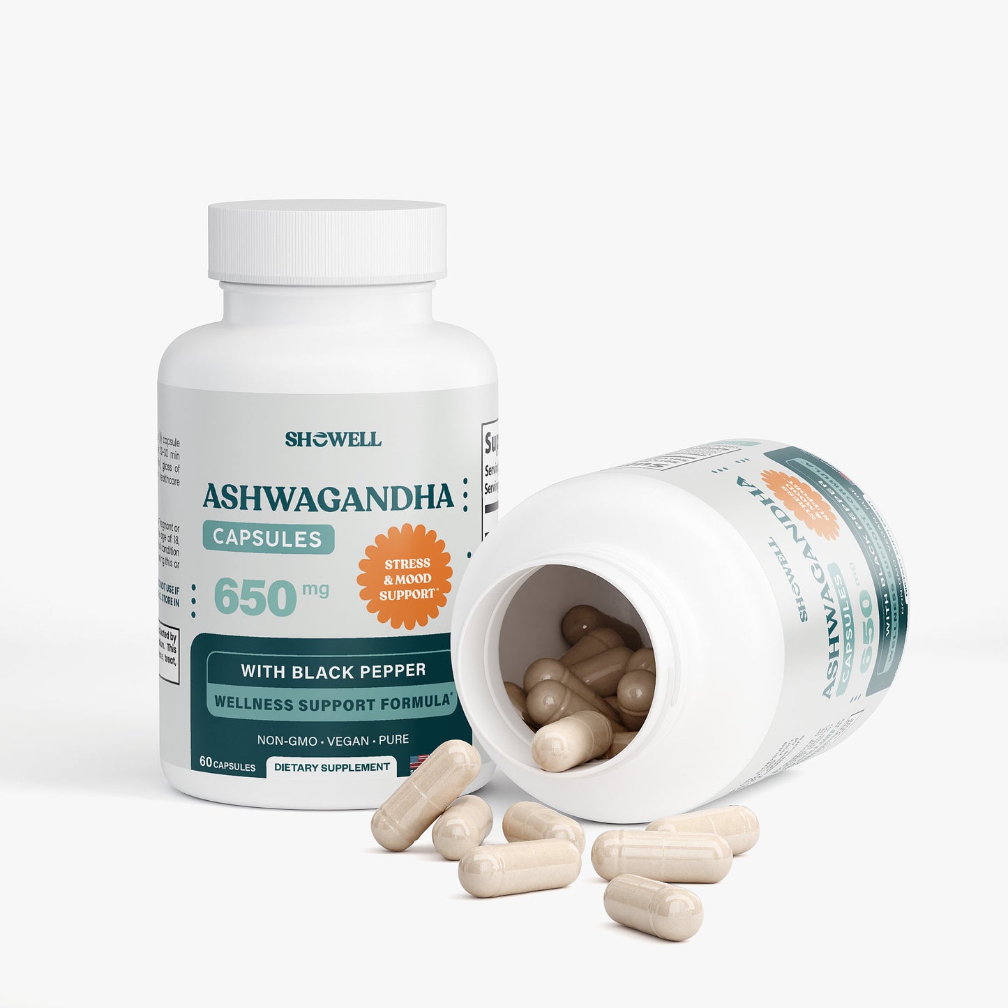 SheWell Ashwagandha Capsules – 650 mg Organic Root + 5 mg Black Pepper – Mood & Stress Support – 60 Vegan Caps