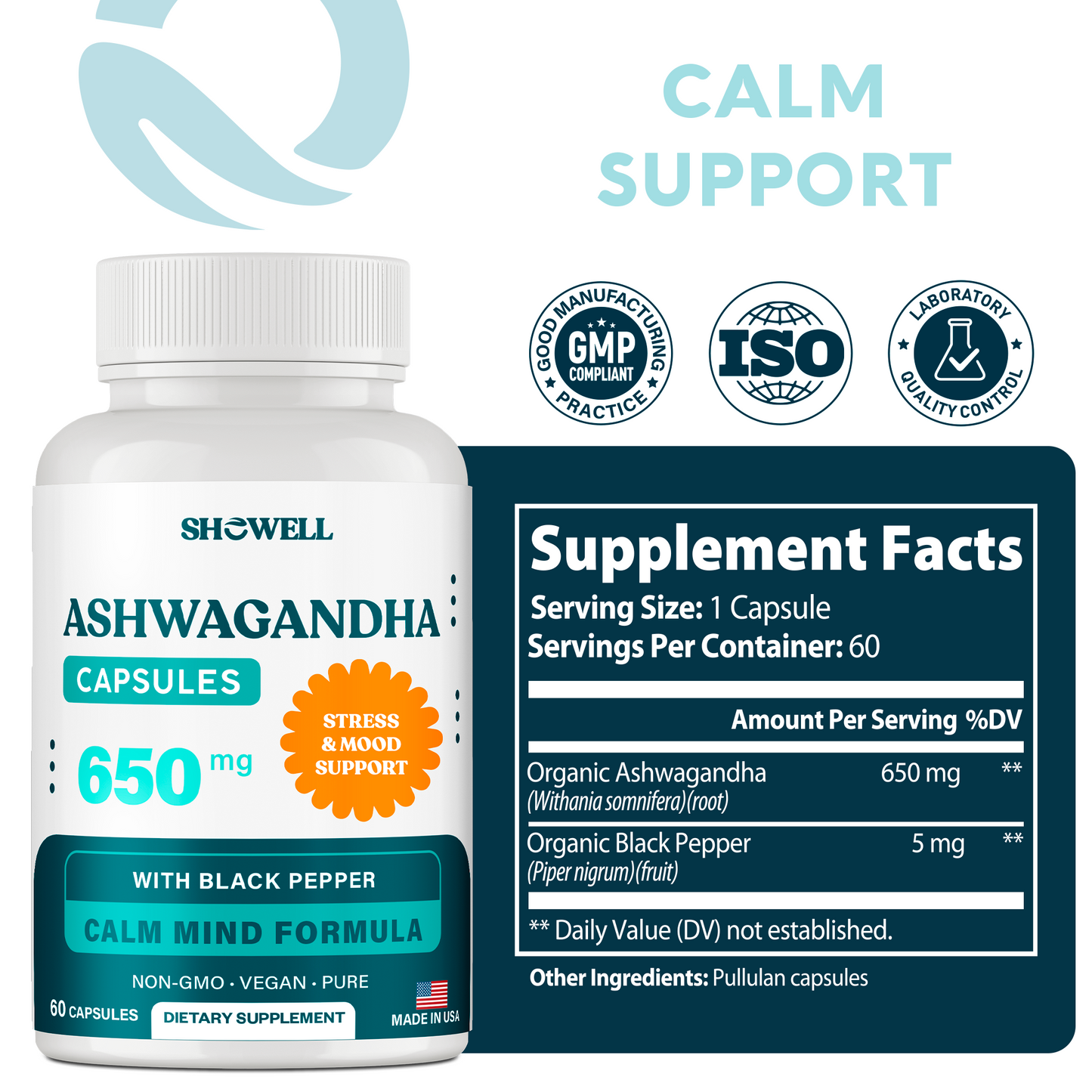 SheWell Ashwagandha Capsules – 650 mg Organic Root + 5 mg Black Pepper – Mood & Stress Support – 60 Vegan Caps