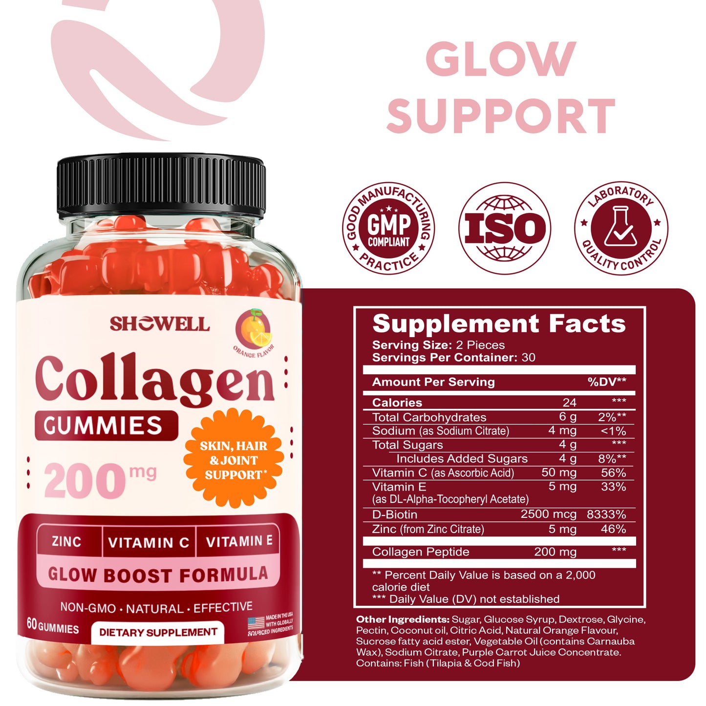 SheWell Collagen Gummies – Orange Flavor | Collagen Peptides + Vitamin C, E, Biotin & Zinc | Skin, Hair & Joint Support | 60 Gummies