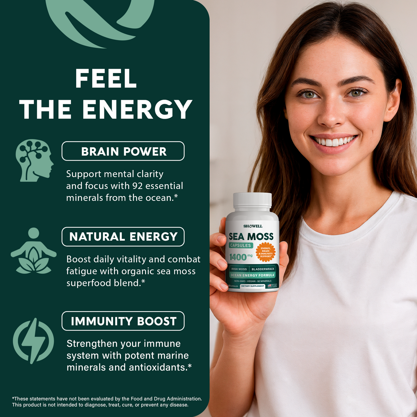 SheWell Organic Sea Moss Capsules 1400mg - Irish Moss + Bladderwrack + Burdock Root Complex for Glowing Skin & Immune Support* - 60 Vegan Capsules