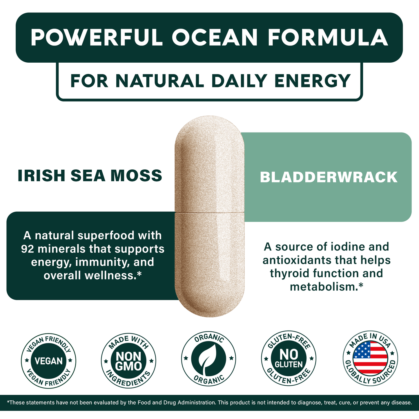 SheWell Organic Sea Moss Capsules 1400mg - Irish Moss + Bladderwrack + Burdock Root Complex for Glowing Skin & Immune Support* - 60 Vegan Capsules