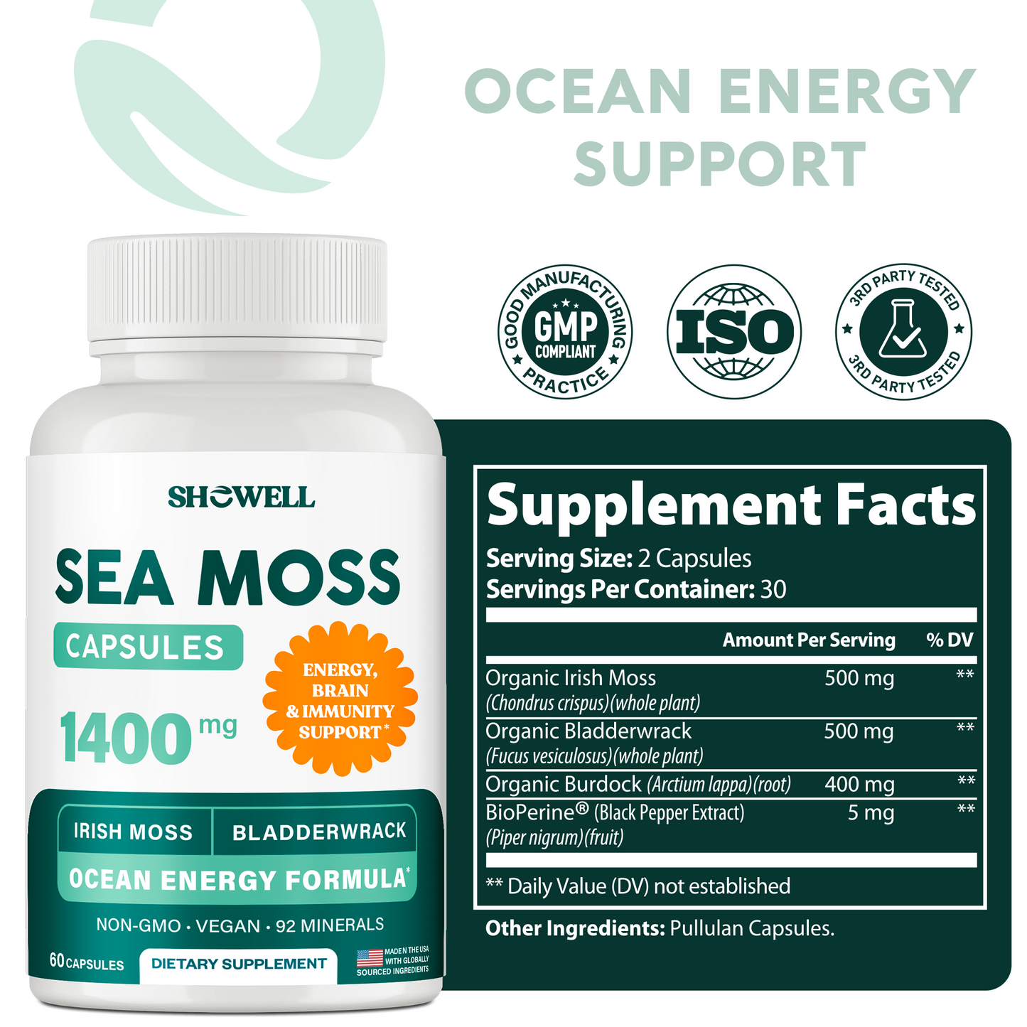 SheWell Organic Sea Moss Capsules 1400mg - Irish Moss + Bladderwrack + Burdock Root Complex for Glowing Skin & Immune Support* - 60 Vegan Capsules