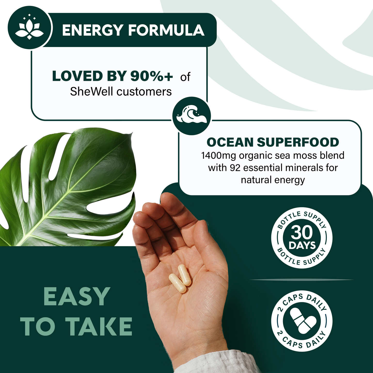 SheWell Organic Sea Moss Capsules 1400mg - Irish Moss + Bladderwrack + Burdock Root Complex for Glowing Skin & Immune Support* - 60 Vegan Capsules