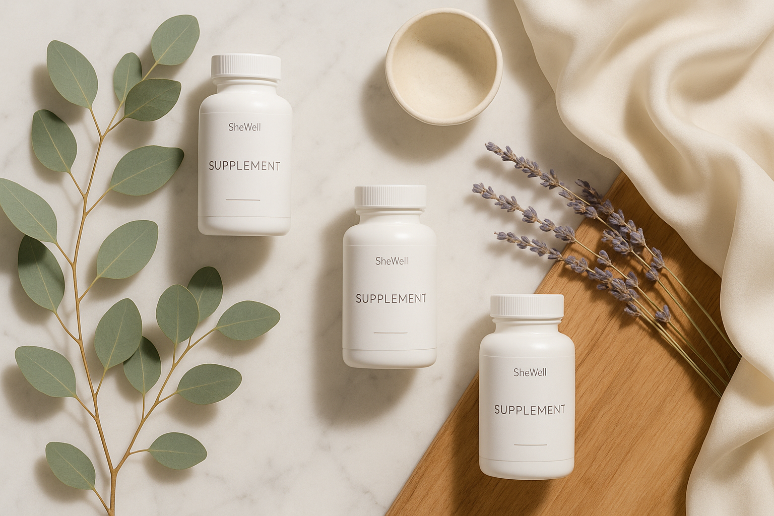 A flatlay product scene featuring white supplement bottles with minimalistic labels (mock SheWell branding), placed on a marble or light wood surface. The arrangement includes eucalyptus leaves, dried lavender, a ceramic bowl, and a silk cloth. Soft natural lighting, airy shadow, overhead top-down view. Clean and premium look for a wellness brand. Horizontal layout