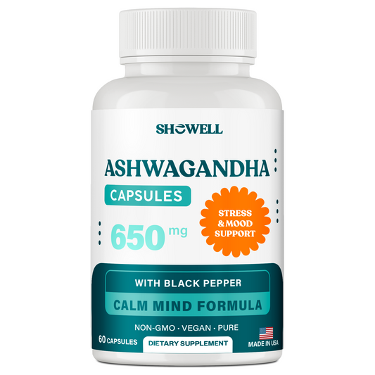 SheWell Ashwagandha Capsules – 650 mg Organic Root + 5 mg Black Pepper – Mood & Stress Support – 60 Vegan Caps