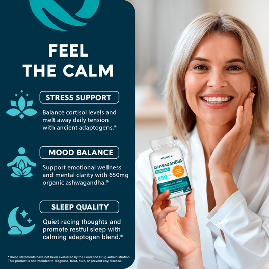SheWell Ashwagandha Capsules – 650 mg Organic Root + 5 mg Black Pepper – Mood & Stress Support – 60 Vegan Caps