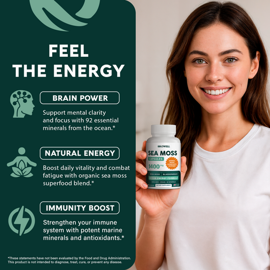 SheWell Organic Sea Moss Capsules 1400mg - Irish Moss + Bladderwrack + Burdock Root Complex for Glowing Skin & Immune Support* - 60 Vegan Capsules